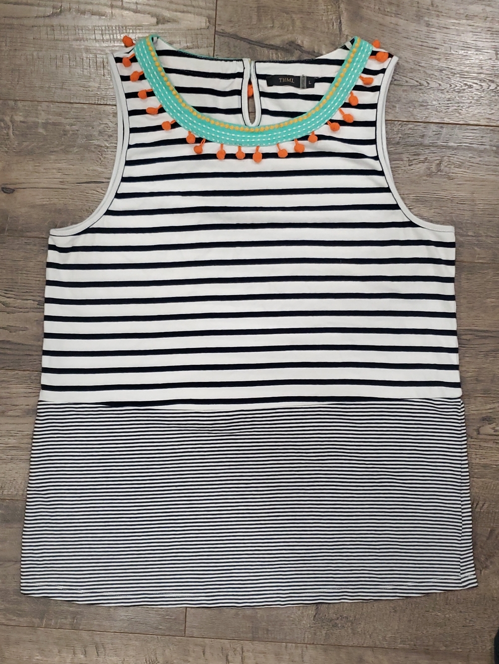 THML Navy and White Striped Tank with Turquoise Trim and Orange Pom Detail